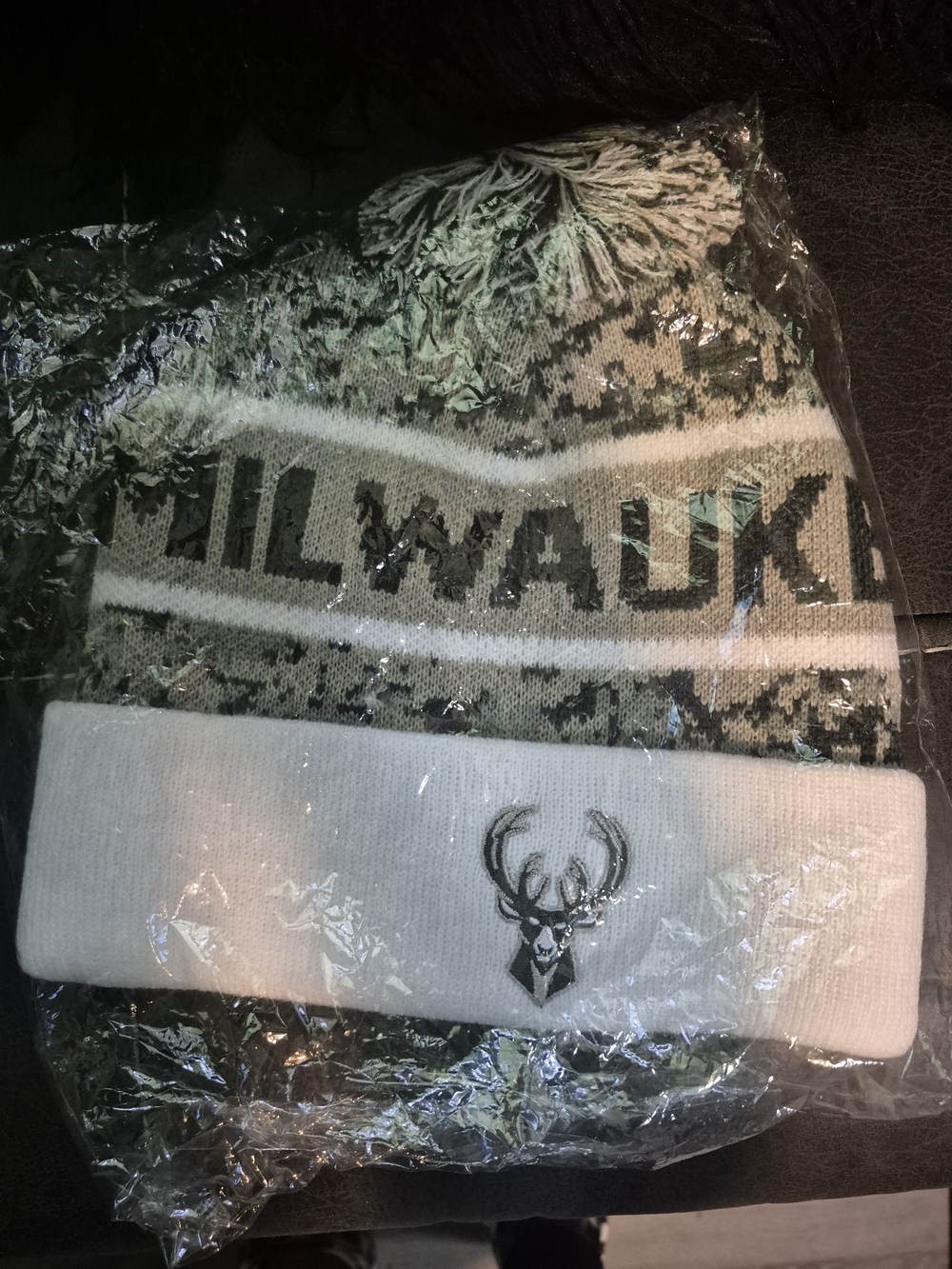 Kids White and Gray Knit Pom Beanie with Deer Logo